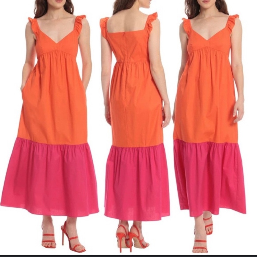 Donna Morgan Orange and Pink Colorblock Ruffle Strap Maxi Dress